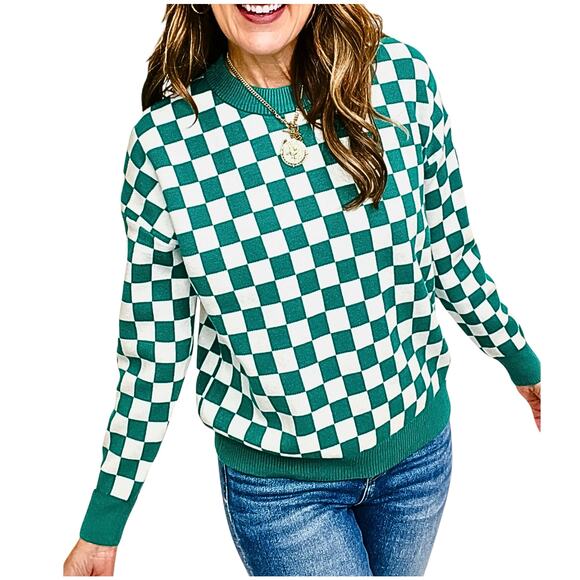 Green Checkboard Crew Neck Pullover Sweater – Kelly Green & White, Size S - Picture 4 of 6